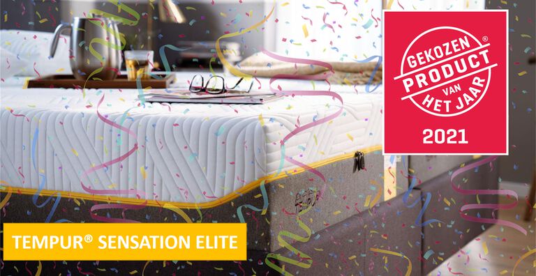 Afbeelding van het Sensation Elite matras met confetti en het rode Product van het Jaar 2021 logo